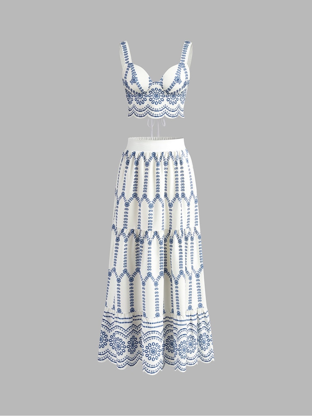 Commense White Maxi Skirt with Blue Embroidery